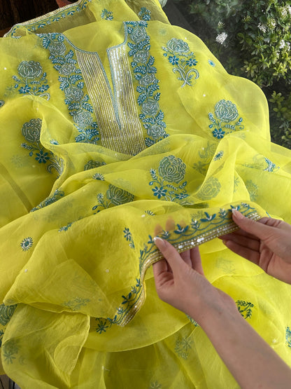 Neon Green Noor Organza Silk Chikankari Unstitched Fabric