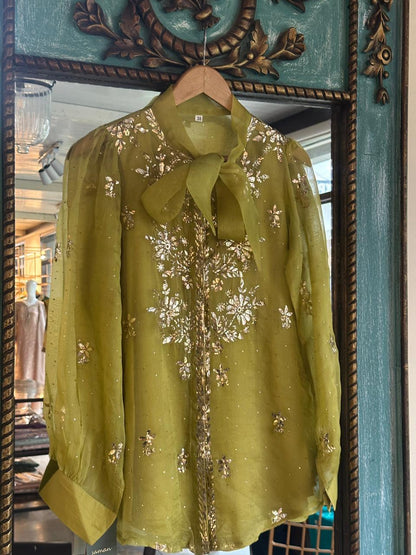 Neon Green Noor Organza Mukaish Badla Short Top With Bow Tie