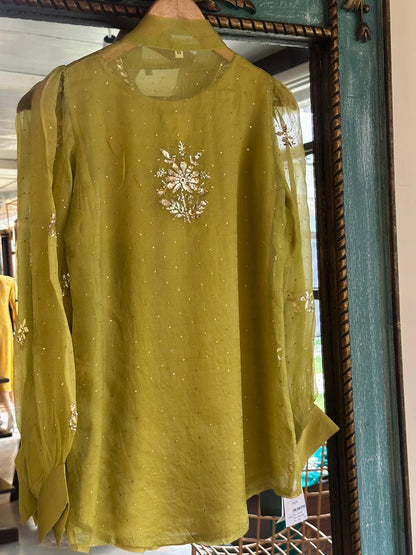 Neon Green Noor Organza Mukaish Badla Short Top With Bow Tie