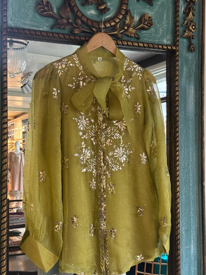 Neon Green Noor Organza Mukaish Badla Short Top With Bow Tie