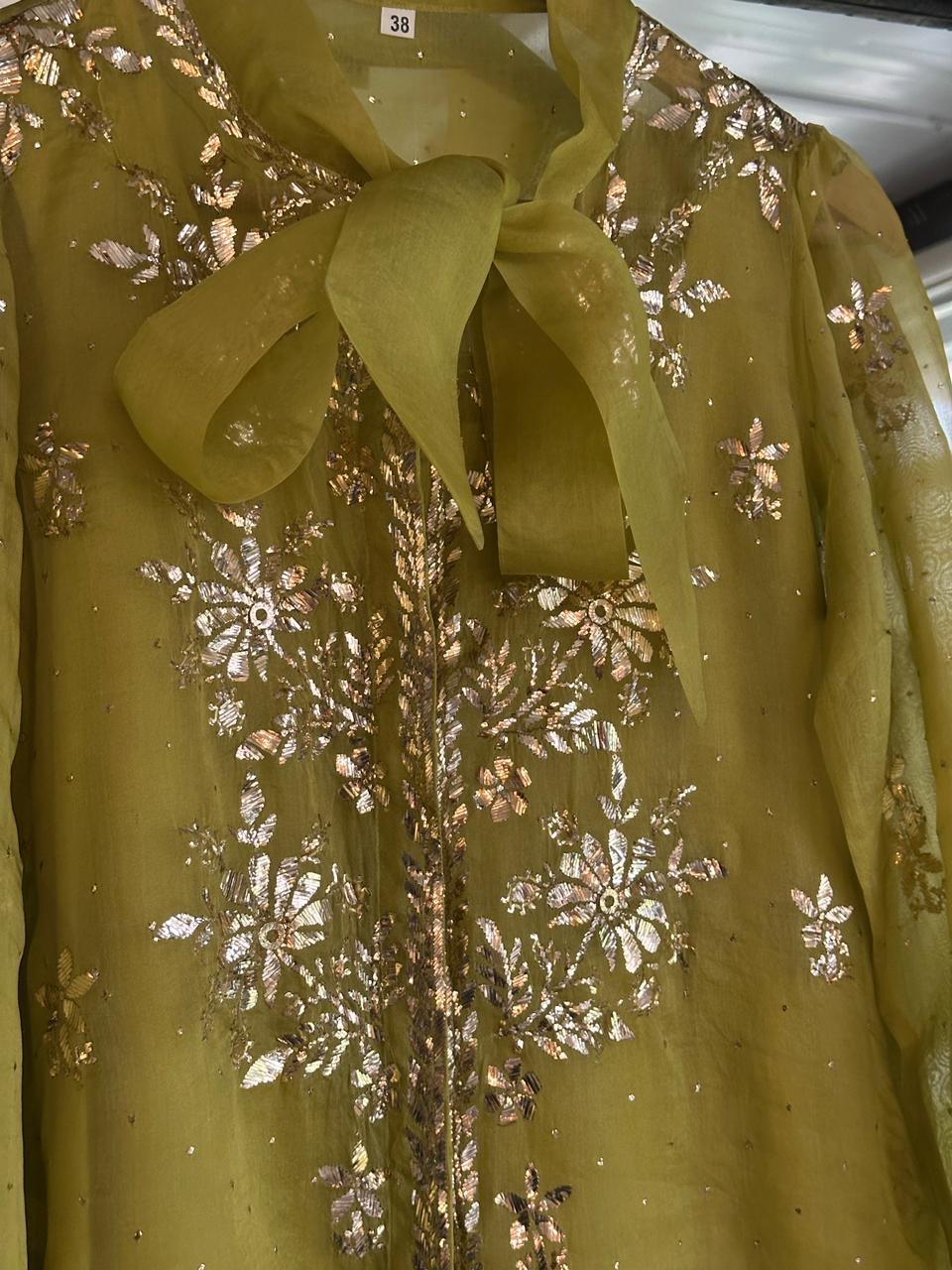 Neon Green Noor Organza Mukaish Badla Short Top With Bow Tie