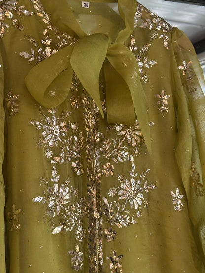 Neon Green Noor Organza Mukaish Badla Short Top With Bow Tie