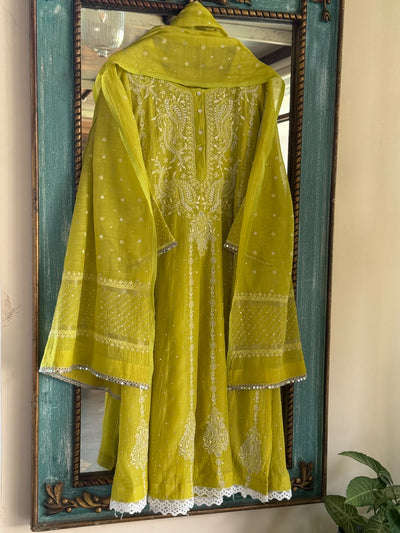 Neon Green Shade Malmal A Line Chikankari Pearl & Sequins Kurta Set