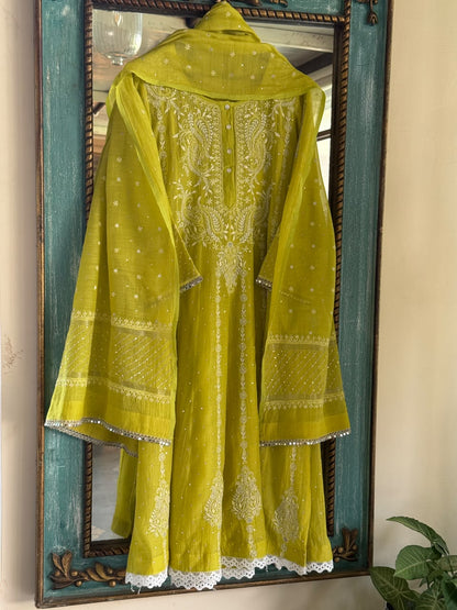 Neon Green Shade Malmal A Line Chikankari Pearl & Sequins Kurta Set