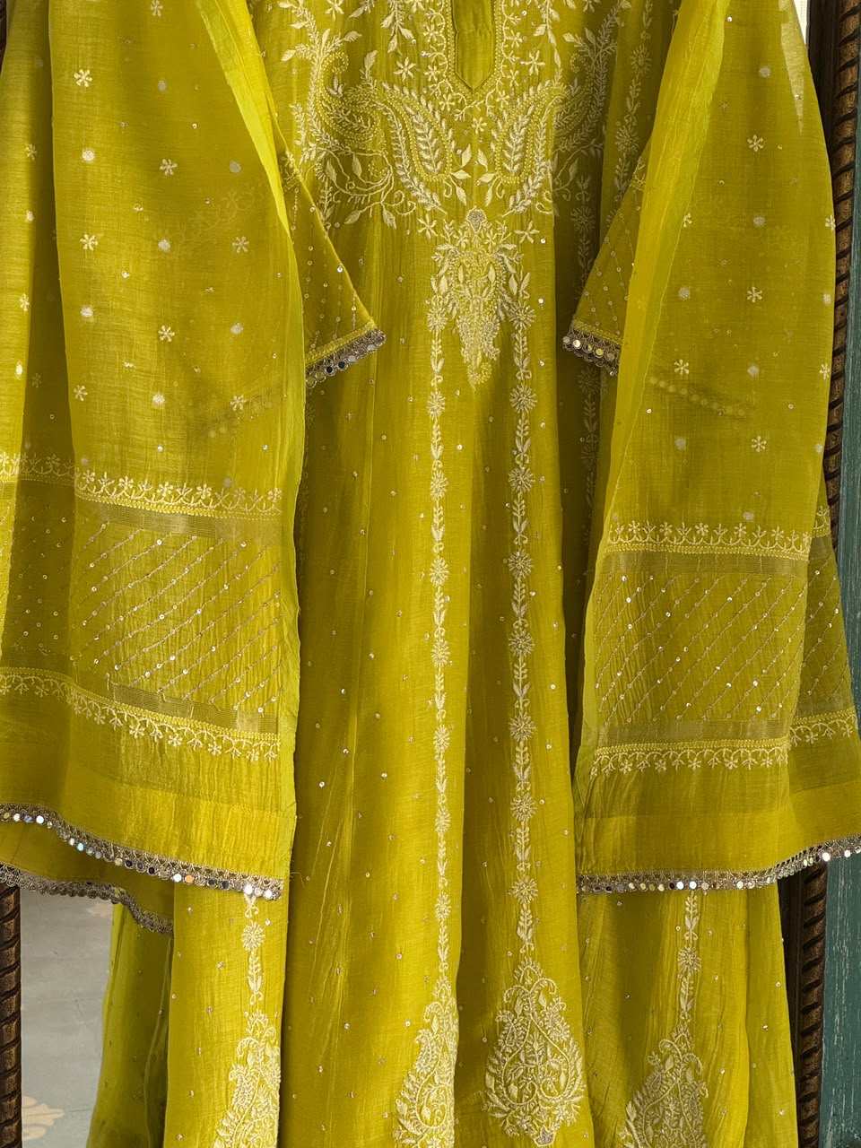Neon Green Shade Malmal A Line Chikankari Pearl & Sequins Kurta Set