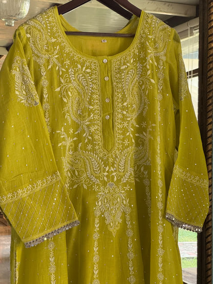 Neon Green Shade Malmal A Line Chikankari Pearl & Sequins Kurta Set
