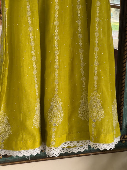 Neon Green Shade Malmal A Line Chikankari Pearl & Sequins Kurta Set
