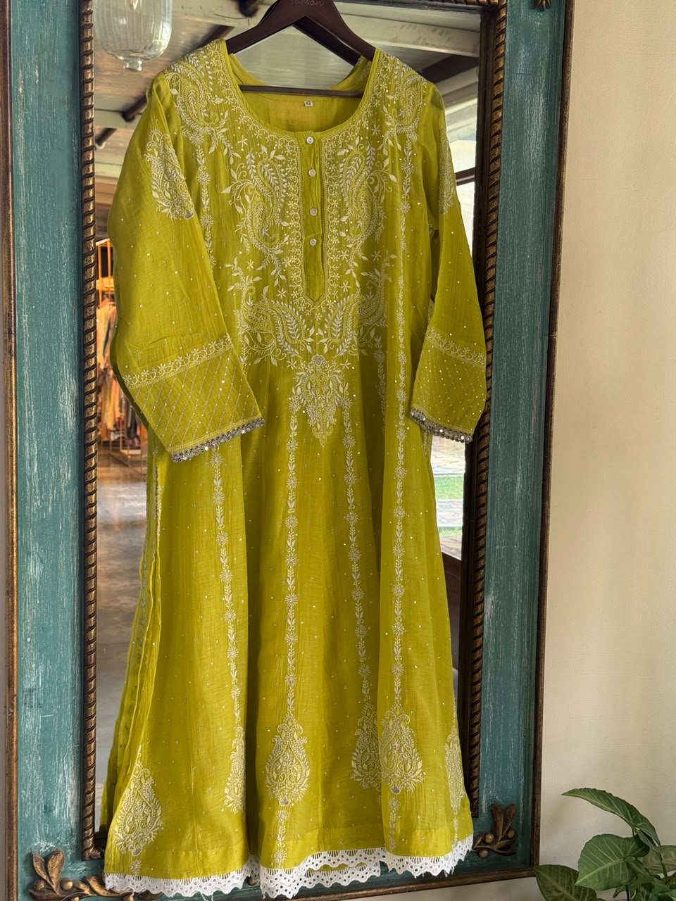 Neon Green Shade Malmal A Line Chikankari Pearl & Sequins Kurta Set
