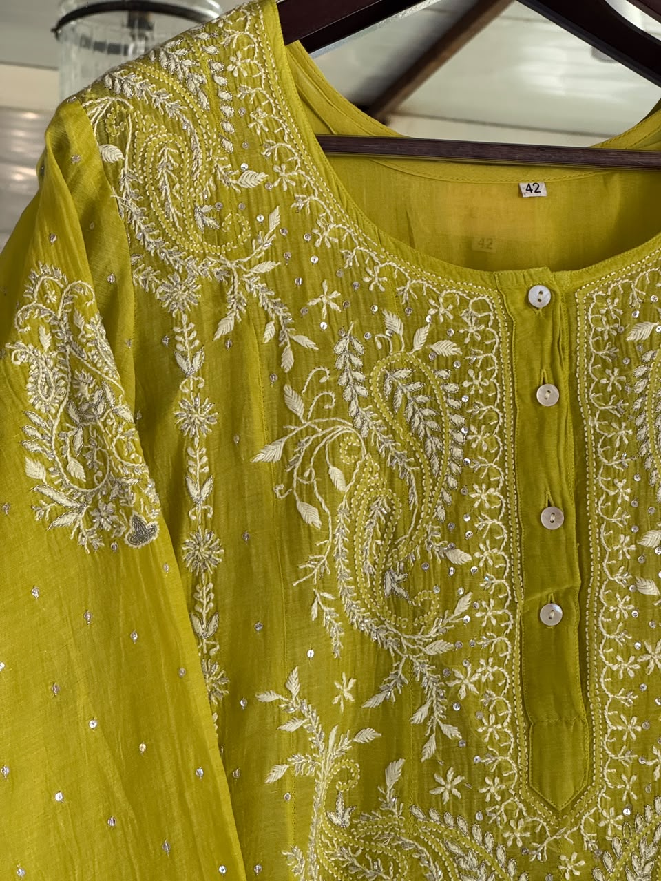 Neon Green Shade Malmal A Line Chikankari Pearl & Sequins Kurta Set