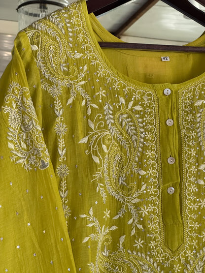 Neon Green Shade Malmal A Line Chikankari Pearl & Sequins Kurta Set