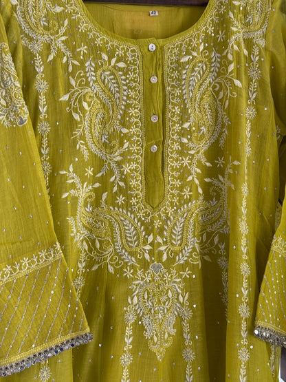 Neon Green Shade Malmal A Line Chikankari Pearl & Sequins Kurta Set