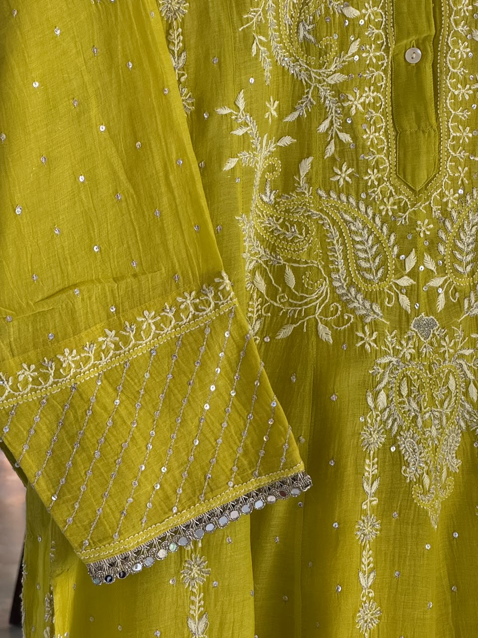 Neon Green Shade Malmal A Line Chikankari Pearl & Sequins Kurta Set