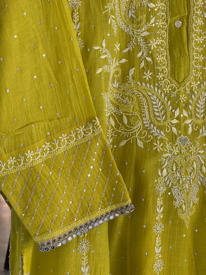 Neon Green Shade Malmal A Line Chikankari Pearl & Sequins Kurta Set