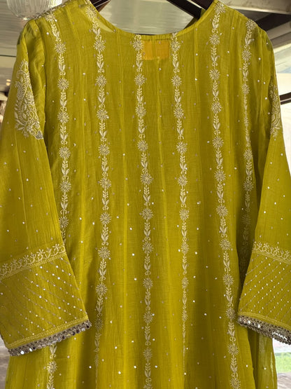 Neon Green Shade Malmal A Line Chikankari Pearl & Sequins Kurta Set
