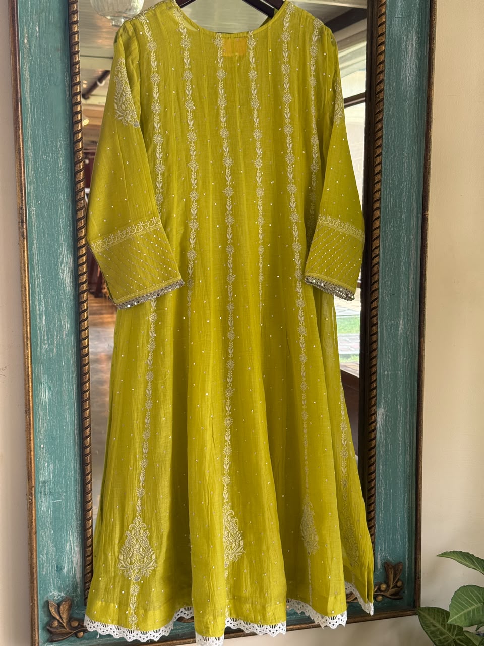 Neon Green Shade Malmal A Line Chikankari Pearl & Sequins Kurta Set