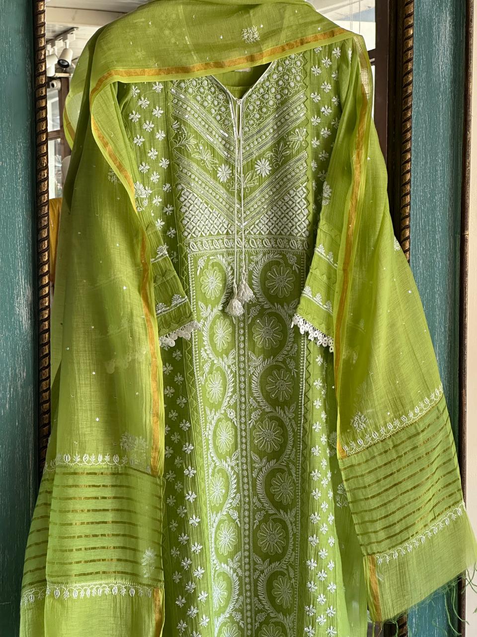 Neon Green Shade Malmal Pearl Work Chikankari Kurta With Dupatta