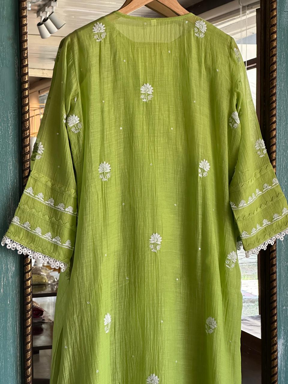 Neon Green Shade Malmal Pearl Work Chikankari Kurta With Dupatta