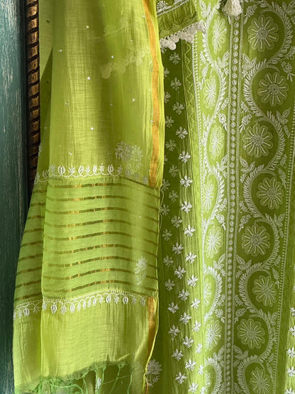 Neon Green Shade Malmal Pearl Work Chikankari Kurta With Dupatta