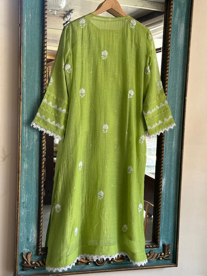 Neon Green Shade Malmal Pearl Work Chikankari Kurta With Dupatta