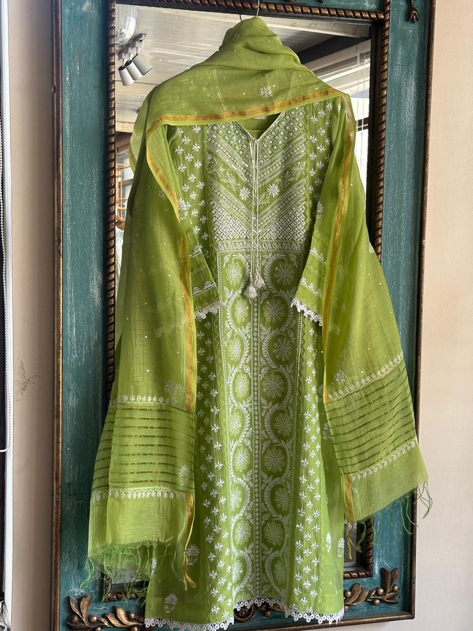 Neon Green Shade Malmal Pearl Work Chikankari Kurta With Dupatta