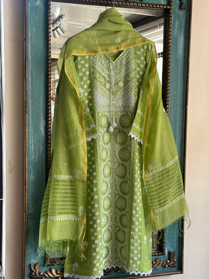 Neon Green Shade Malmal Pearl Work Chikankari Kurta With Dupatta