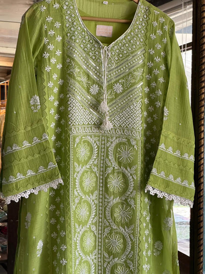 Neon Green Shade Malmal Pearl Work Chikankari Kurta With Dupatta