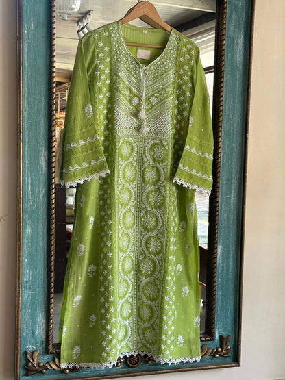 Neon Green Shade Malmal Pearl Work Chikankari Kurta With Dupatta