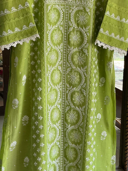 Neon Green Shade Malmal Pearl Work Chikankari Kurta With Dupatta