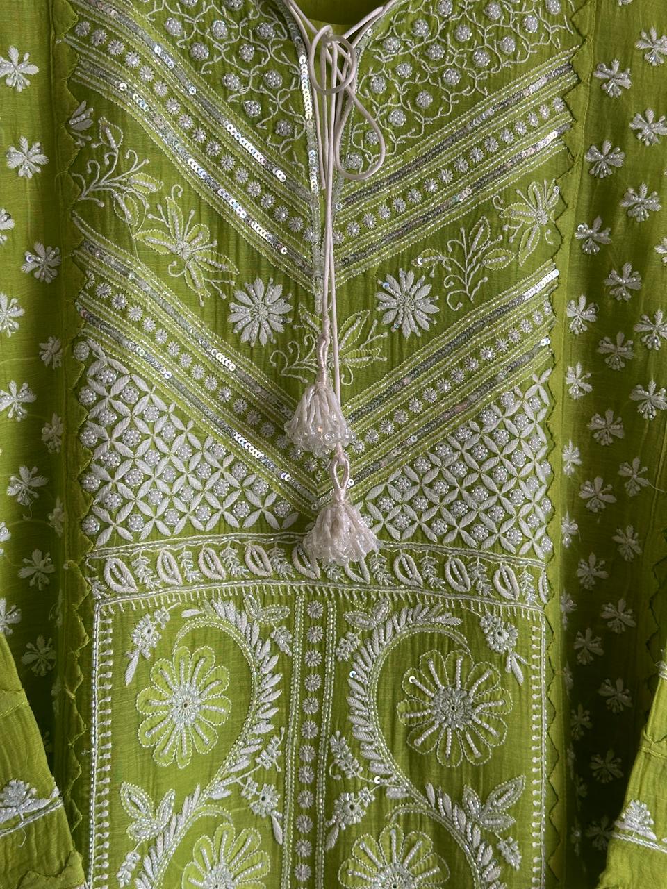 Neon Green Shade Malmal Pearl Work Chikankari Kurta With Dupatta