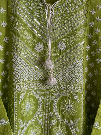 Neon Green Shade Malmal Pearl Work Chikankari Kurta With Dupatta