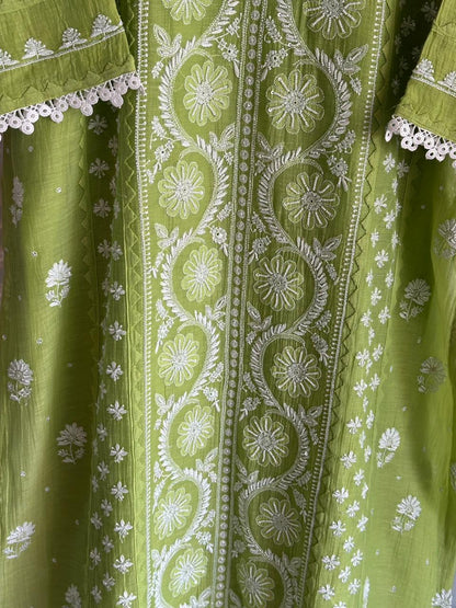 Neon Green Shade Malmal Pearl Work Chikankari Kurta With Dupatta