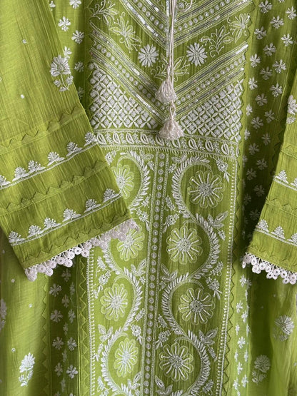Neon Green Shade Malmal Pearl Work Chikankari Kurta With Dupatta