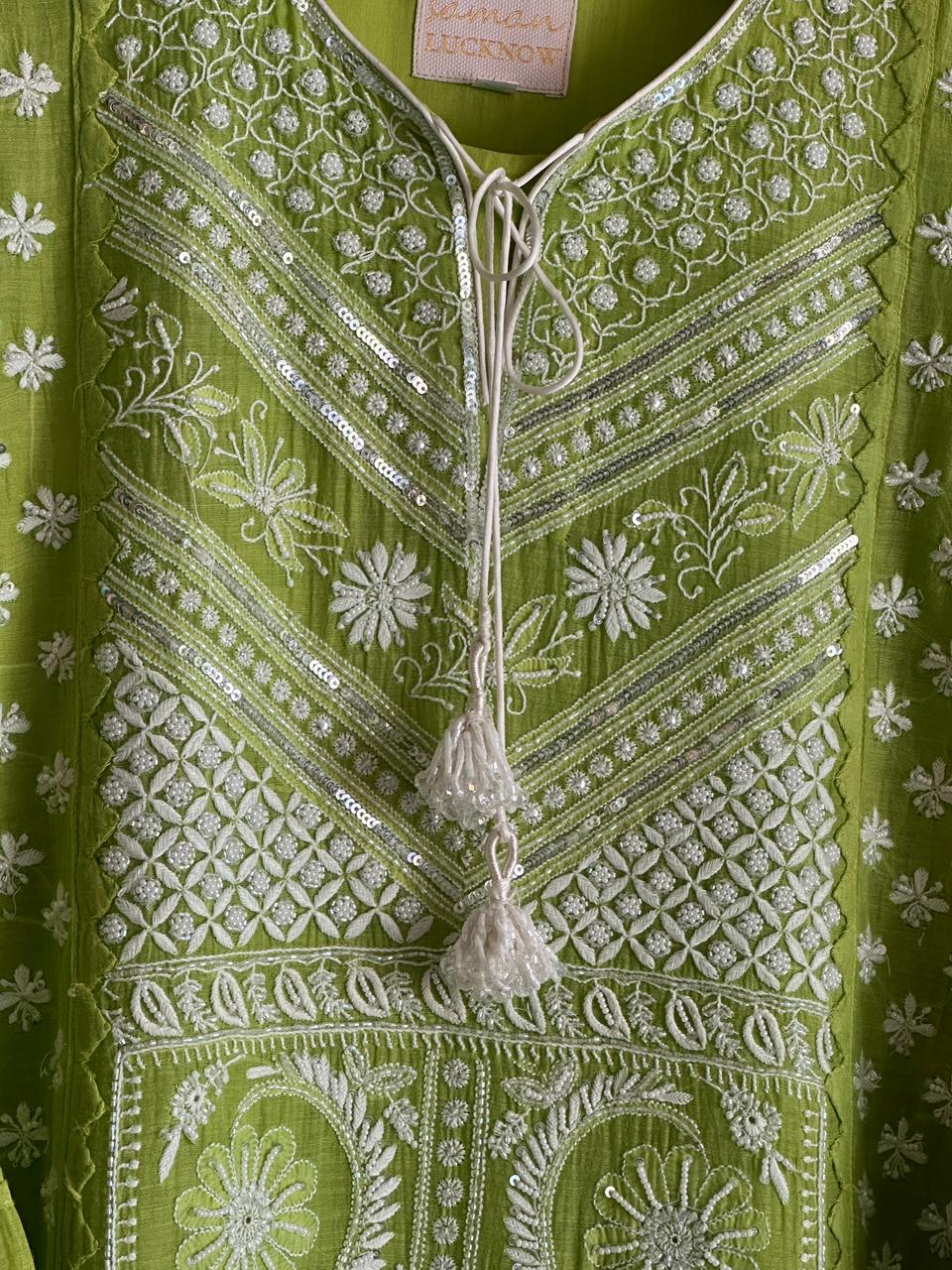 Neon Green Shade Malmal Pearl Work Chikankari Kurta With Dupatta