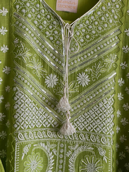 Neon Green Shade Malmal Pearl Work Chikankari Kurta With Dupatta