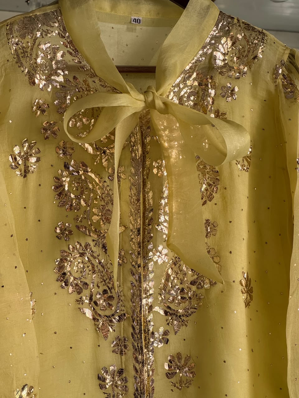 Neon Noor Organza Mukaish Badla Short Top With Bow Tie
