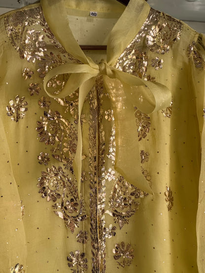 Neon Noor Organza Mukaish Badla Short Top With Bow Tie