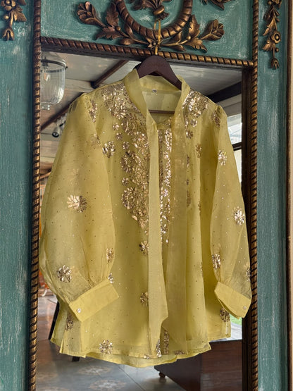 Neon Noor Organza Mukaish Badla Short Top With Bow Tie