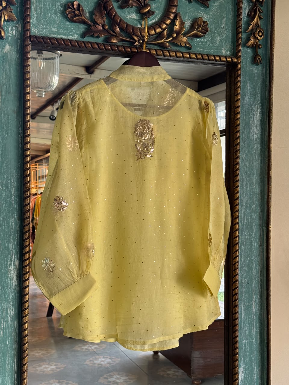 Neon Noor Organza Mukaish Badla Short Top With Bow Tie