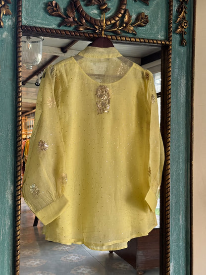 Neon Noor Organza Mukaish Badla Short Top With Bow Tie