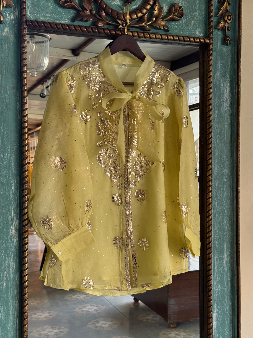 Neon Noor Organza Mukaish Badla Short Top With Bow Tie
