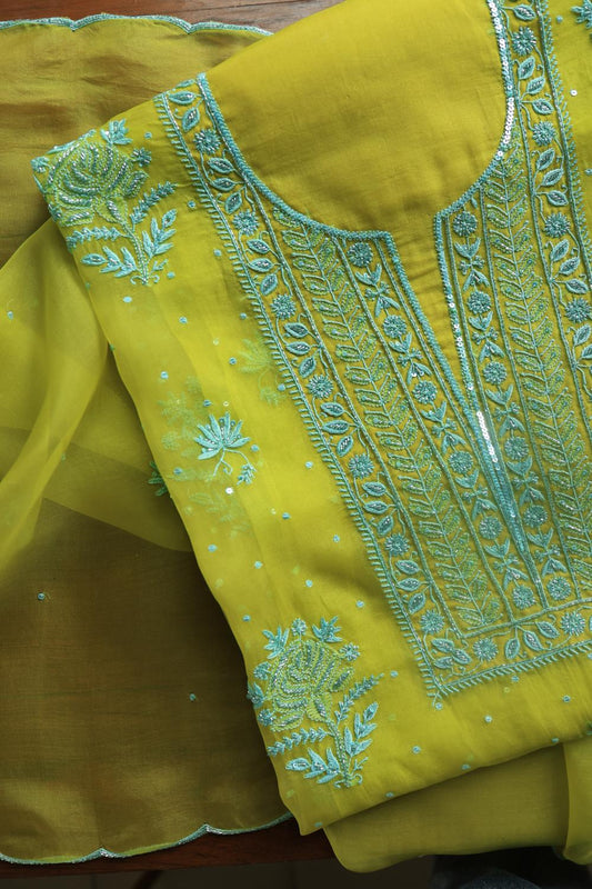 Neon Noor Organza Silk Chikankari Unstitched Kurta Dupatta Set