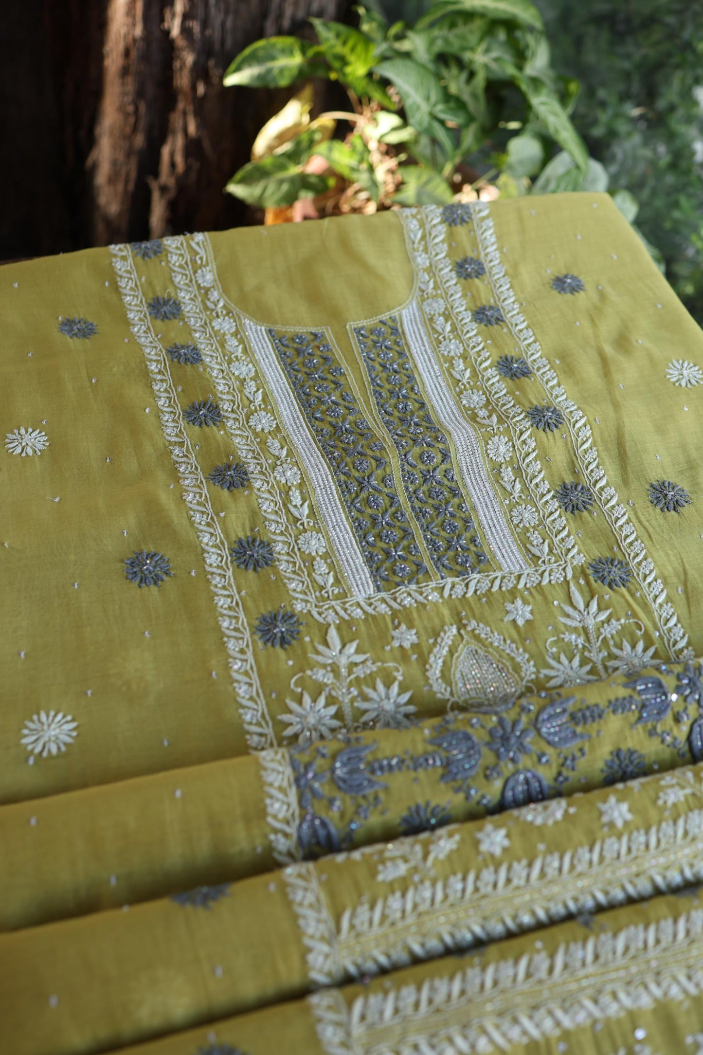 Neon Shade Shade  Malmal Pearl Work Chikankari Fabric