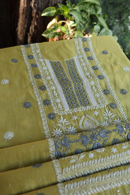 Neon Shade Shade  Malmal Pearl Work Chikankari Fabric