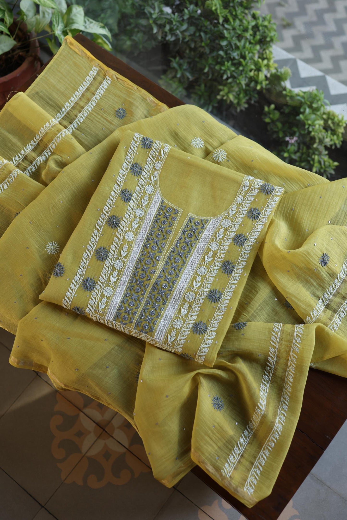 Neon Shade Shade  Malmal Pearl Work Chikankari Fabric