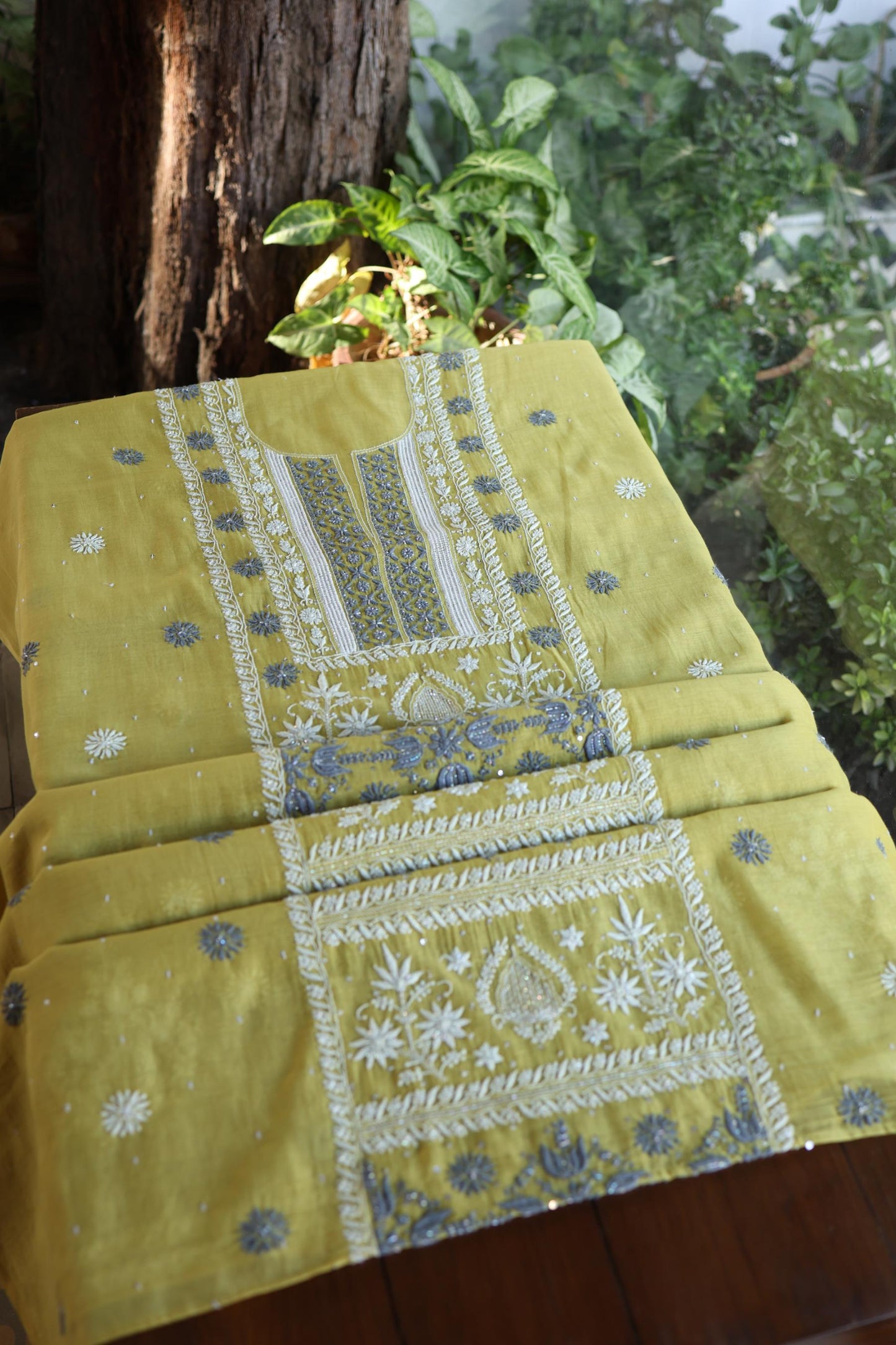 Neon Shade Shade  Malmal Pearl Work Chikankari Fabric