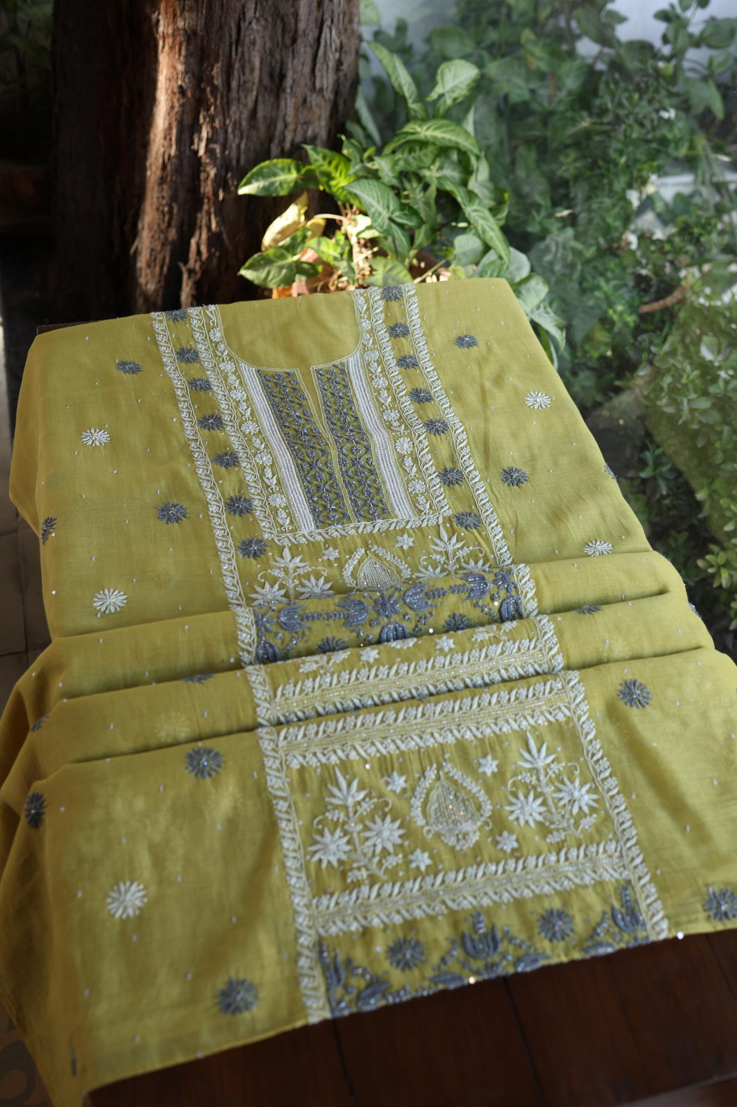 Neon Shade Shade  Malmal Pearl Work Chikankari Fabric