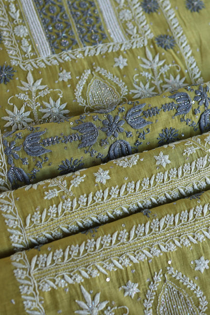 Neon Shade Shade  Malmal Pearl Work Chikankari Fabric