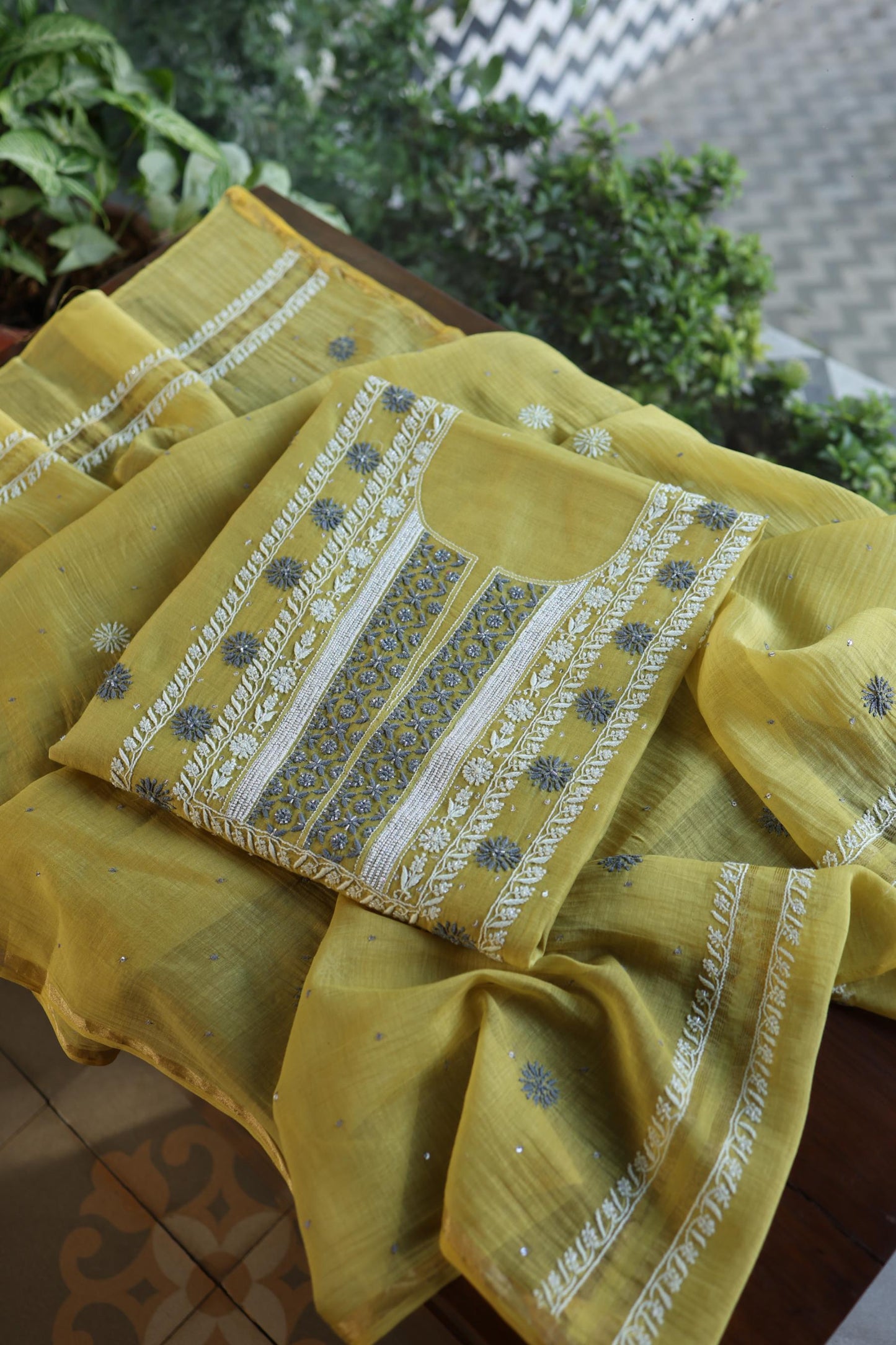 Neon Shade Shade  Malmal Pearl Work Chikankari Fabric