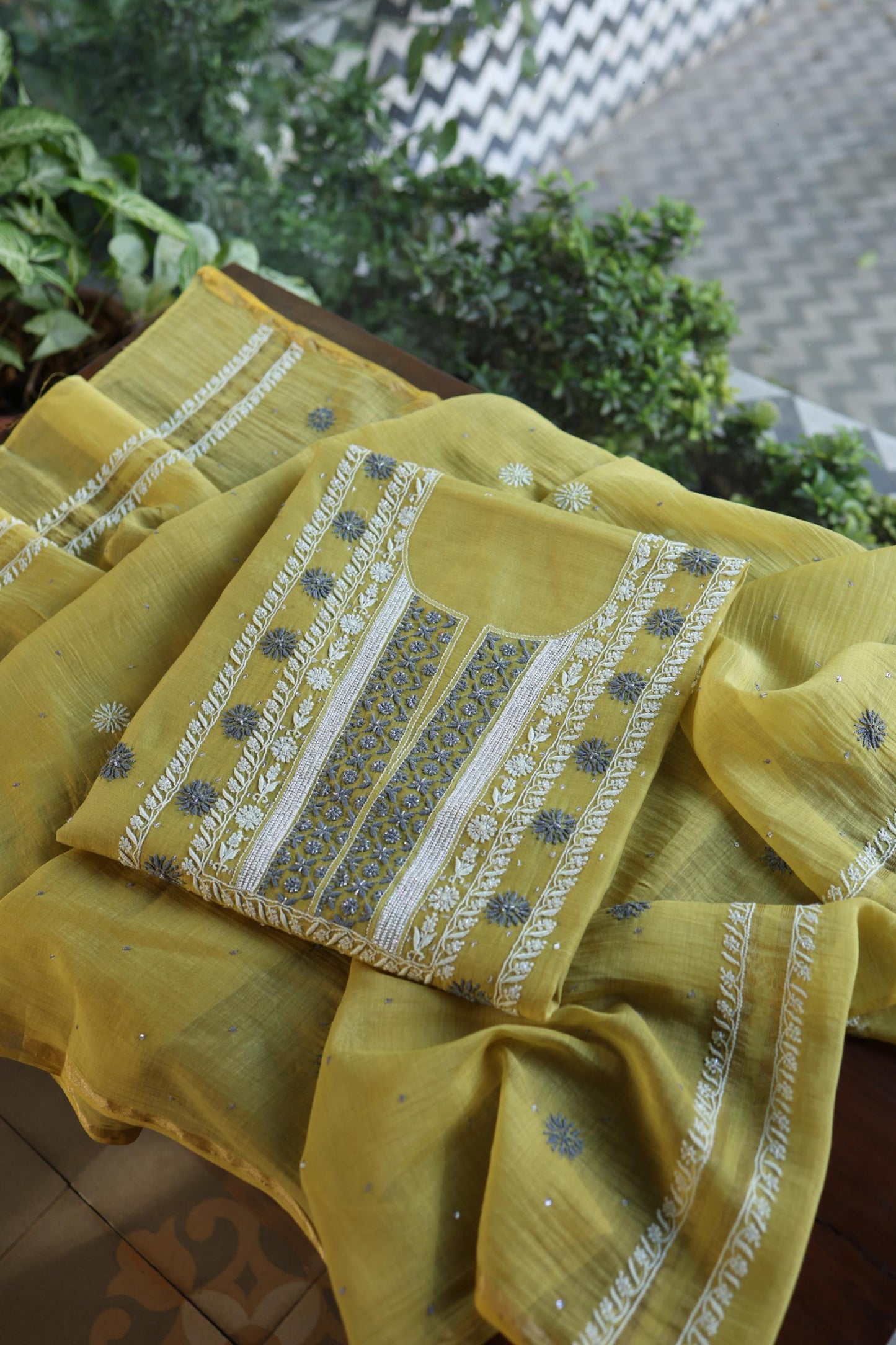 Neon Shade Shade  Malmal Pearl Work Chikankari Fabric