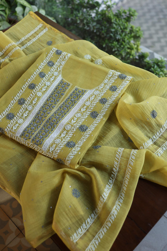Neon Shade Shade  Malmal Pearl Work Chikankari Fabric